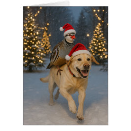 Kerstkaart met gele labrador en patrijs
