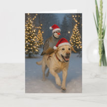 Kerstkaart met gele labrador en patrijs