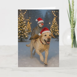 Kerstkaart met gele labrador en patrijs feestdagen kaart
