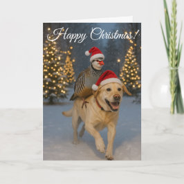Kerstkaart met gele labrador en patrijs feestdagen kaart