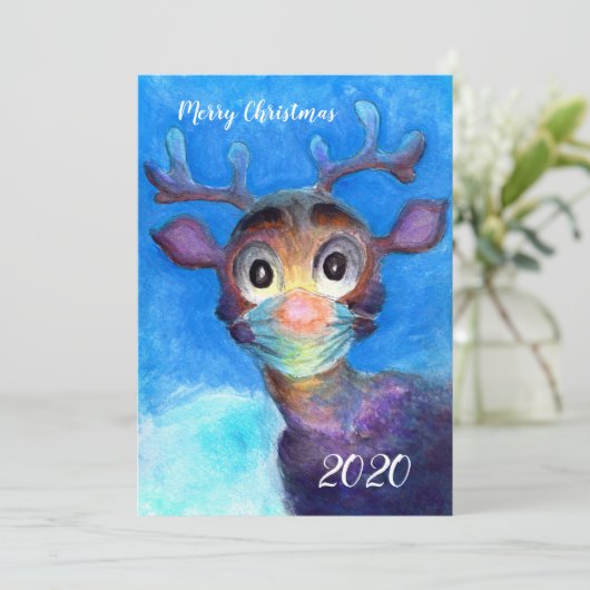 Kerstkaart met gemaskerde Rudolf (Staand voorkant)