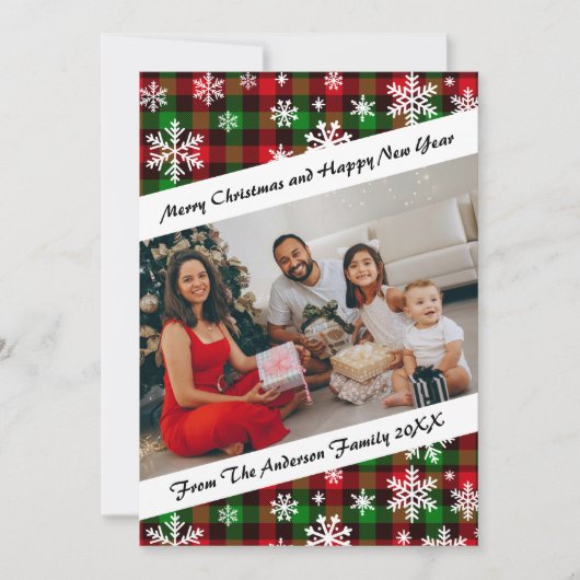 Kerstkaart met geruite en sneeuwvlokkenprint en ge (Voorkant)