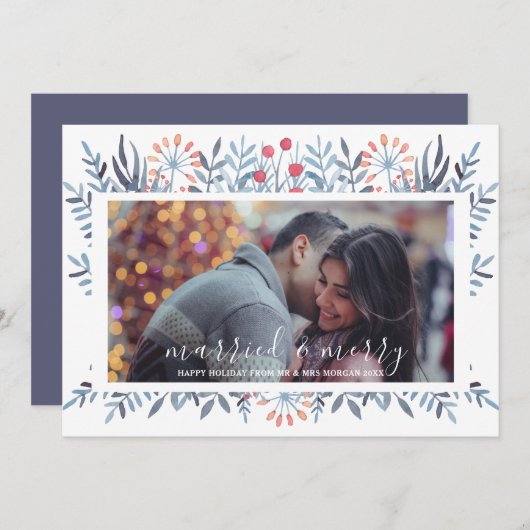 Kerstkaart met getrouwde en vrolijke blauwe geblad (Voorkant / Achterkant)