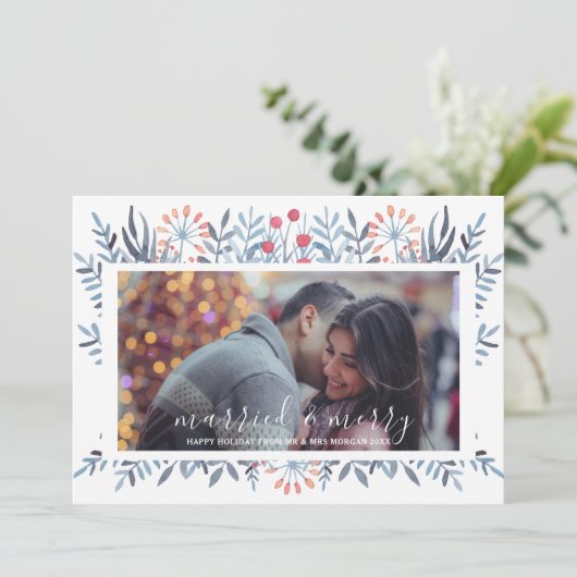 Kerstkaart met getrouwde en vrolijke blauwe geblad (Staand voorkant)