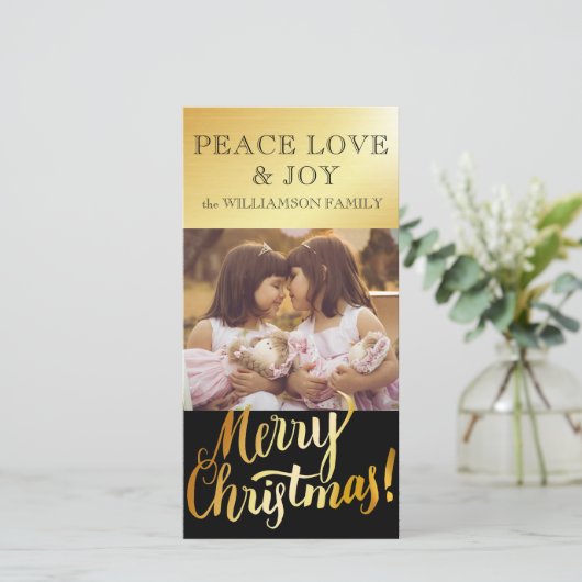 Kerstkaart met gouden familiefoto (Staand voorkant)