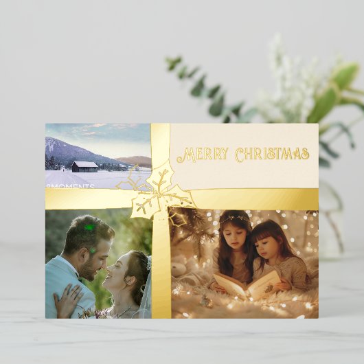 Kerstkaart met gouden lint en folie van hulst en k folie feestdagenkaart (Staand Voorkant)