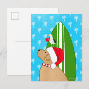 Kerstkaart met Gouden Surfplank Hond Zeemeeuw Briefkaart