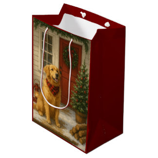 Kerstkaart met Goudkleurige Retriever Medium Cadeauzakje