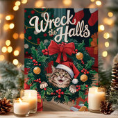 Kerstkaart met grappige kat om de kerstboom heen feestdagen kaart