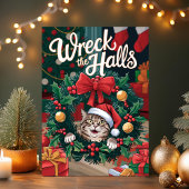 Kerstkaart met grappige kat om de kerstboom heen feestdagen kaart