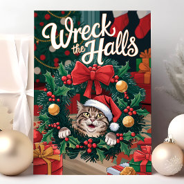 Kerstkaart met grappige kat om de kerstboom heen feestdagen kaart