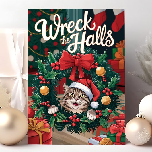 Kerstkaart met grappige kat om de kerstboom heen feestdagen kaart
