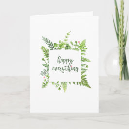 Kerstkaart met groene bladeren en 'Happy Everythin Kaart