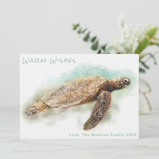 KERSTKAART MET GROENE ZEESCHILDPAD | Warme Wensen (Staand voorkant)