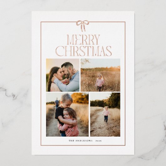 Kerstkaart met grote strik en folie feestdagenkaart (Voorkant)