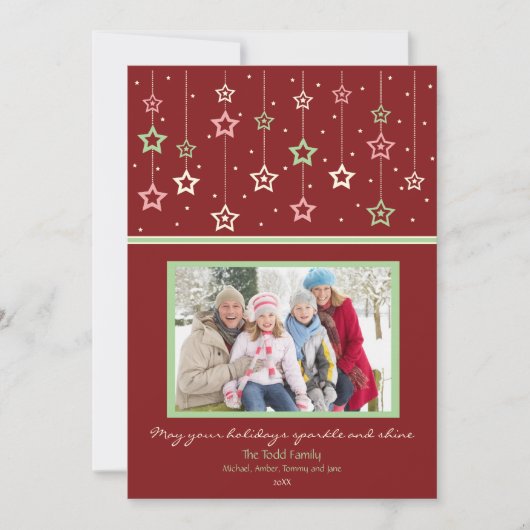 Kerstkaart met hangende sterren (rood) (Voorkant)