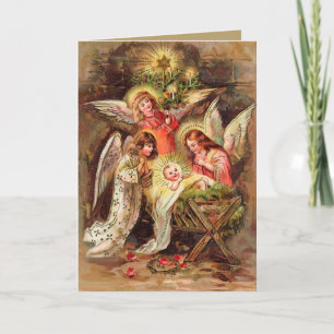 kerstkaart met hoeken die naar Baby Jezus kijken Feestdagen Kaart
