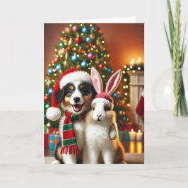 Kerstkaart met hond en konijn feestdagen kaart