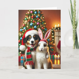 Kerstkaart met hond en konijn feestdagen kaart
