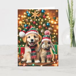 Kerstkaart met hond en konijn feestdagen kaart
