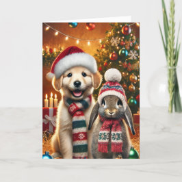 Kerstkaart met hond en konijn feestdagen kaart