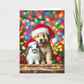 Kerstkaart met hond en konijn feestdagen kaart