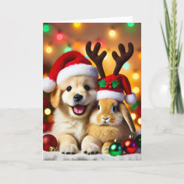Kerstkaart met hond en konijn feestdagen kaart