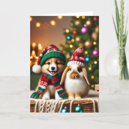 Kerstkaart met hond en konijn feestdagen kaart
