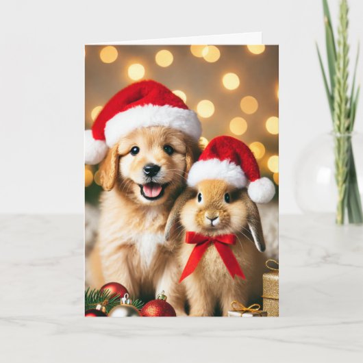 Kerstkaart met hond en konijn feestdagen kaart (Voorkant)