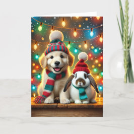 Kerstkaart met hond en konijn feestdagen kaart