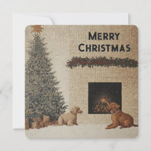 Kerstkaart met honden en open haard in neutrale kl