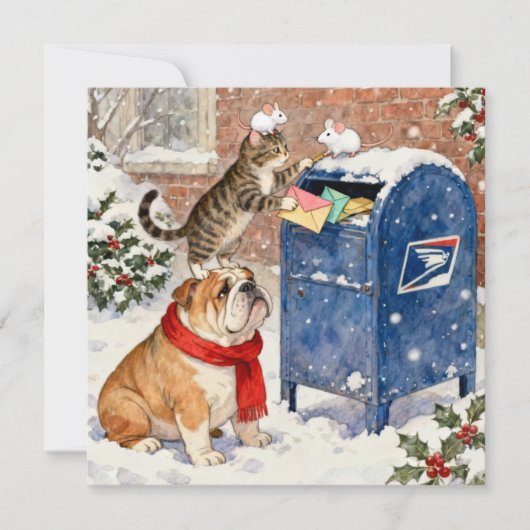 Kerstkaart met hulpdieren bij brievenbus (Voorkant)