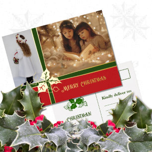 Kerstkaart met hulst en klimop groene en bordeauxr folie feestdagen briefkaart