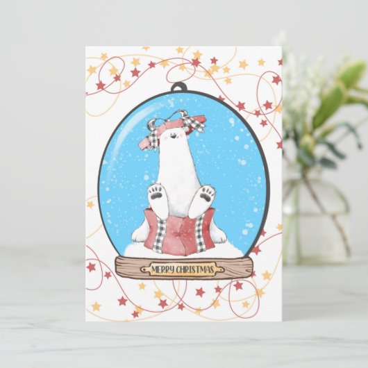 Kerstkaart met ijsbeer in sneeuwbol (Staand voorkant)