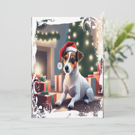 Kerstkaart met Jack Russell in Santa-hoed (Staand voorkant)