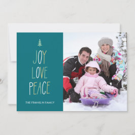 Kerstkaart met Joy, Love & Peace in handgeschreven