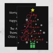 Kerstkaart met Joy Peace Love Believe Star Red (Voorkant / Achterkant)