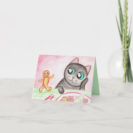 Kerstkaart met kat en gingerbread feestdagen kaart (Voorkant)