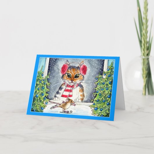 Kerstkaart met kat en schaatsende muis feestdagen kaart (Voorkant)
