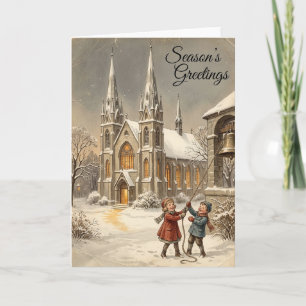 Kerstkaart met kerktoren en kinderen die de bel lu kaart