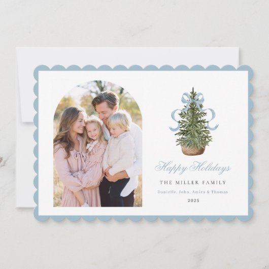 Kerstkaart met kerstboom en blauwe strik (Voorkant)