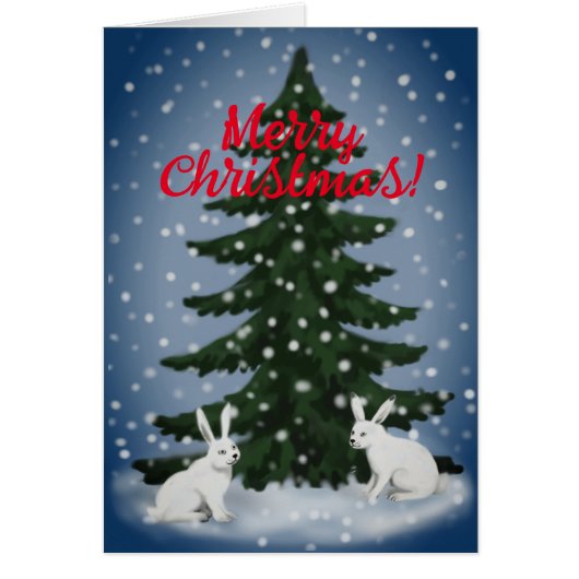 Kerstkaart met kerstboom en konijnen (Voorkant)