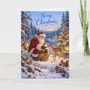 Kerstkaart met Kerstman, bosherten en bosdieren Kaart