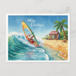 Kerstkaart met Kerstman die windsurft op het stran Feestdagenkaart