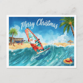 Kerstkaart met Kerstman die windsurft op Santa Bea Feestdagenkaart