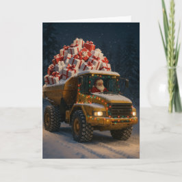 Kerstkaart met Kerstman en kiepwagen vol cadeaus Kaart