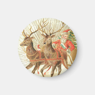 Kerstkaart met kerstman en rendieren magneet