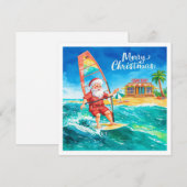 Kerstkaart met Kerstman op de surfplank op het str (Voorkant / Achterkant)