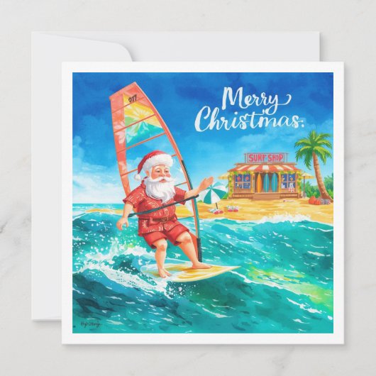 Kerstkaart met Kerstman op de surfplank op het str (Voorkant)