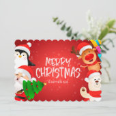 Kerstkaart met Kerstman Pinguïn Rendier Ijsbeer (Staand voorkant)